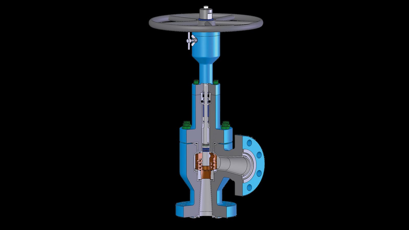 100DPC Choke Valve in cross-section with handwheel and internal flow control components.