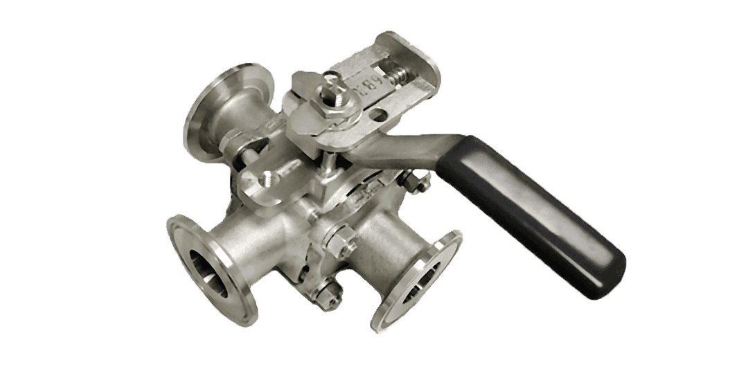Stainless steel Igenix diverter steam valve with manual handle and tri-clamp ends for hygienic process use.