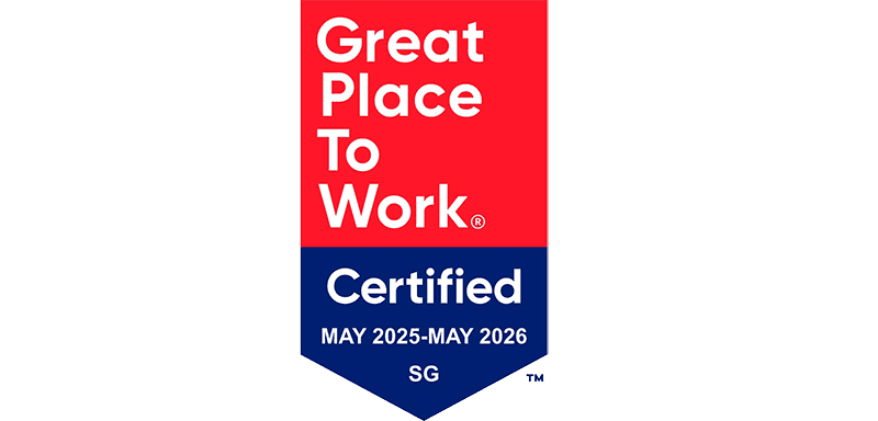 Great Place to Work Certified badge for May 2025 to May 2026 with red and blue sections.