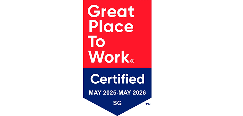 Great Place to Work Certified badge for May 2025 to May 2026 with red and blue sections.