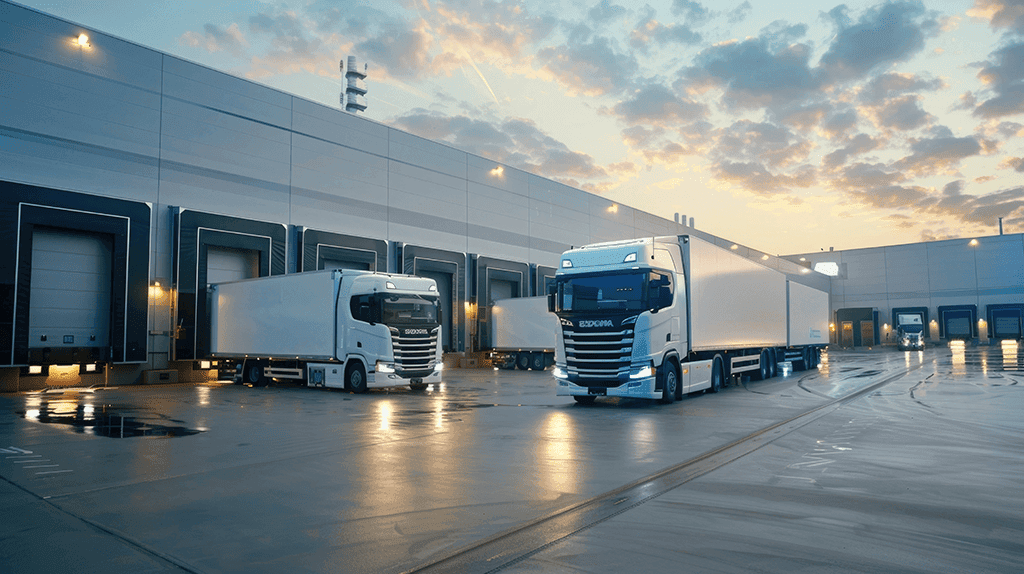 Two white trucks parked at modern depot loading bays under partly cloudy sky with warm lighting.