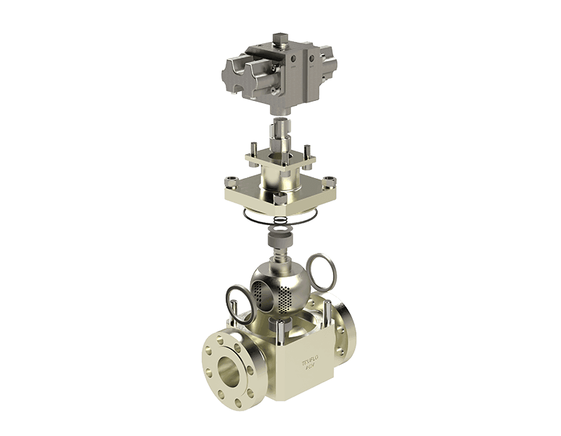 Exploded view of IMI ACV single ball valve showing actuator, stem, ball, body, seals, and mounting components.