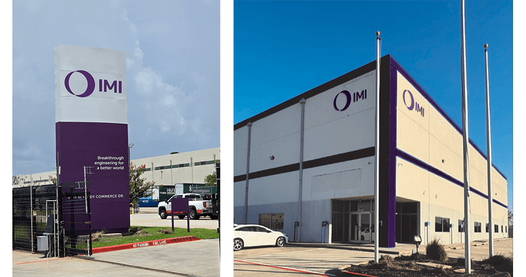 Exterior views of IMI’s new industrial facility in Houston, featuring branded signage and the main building.