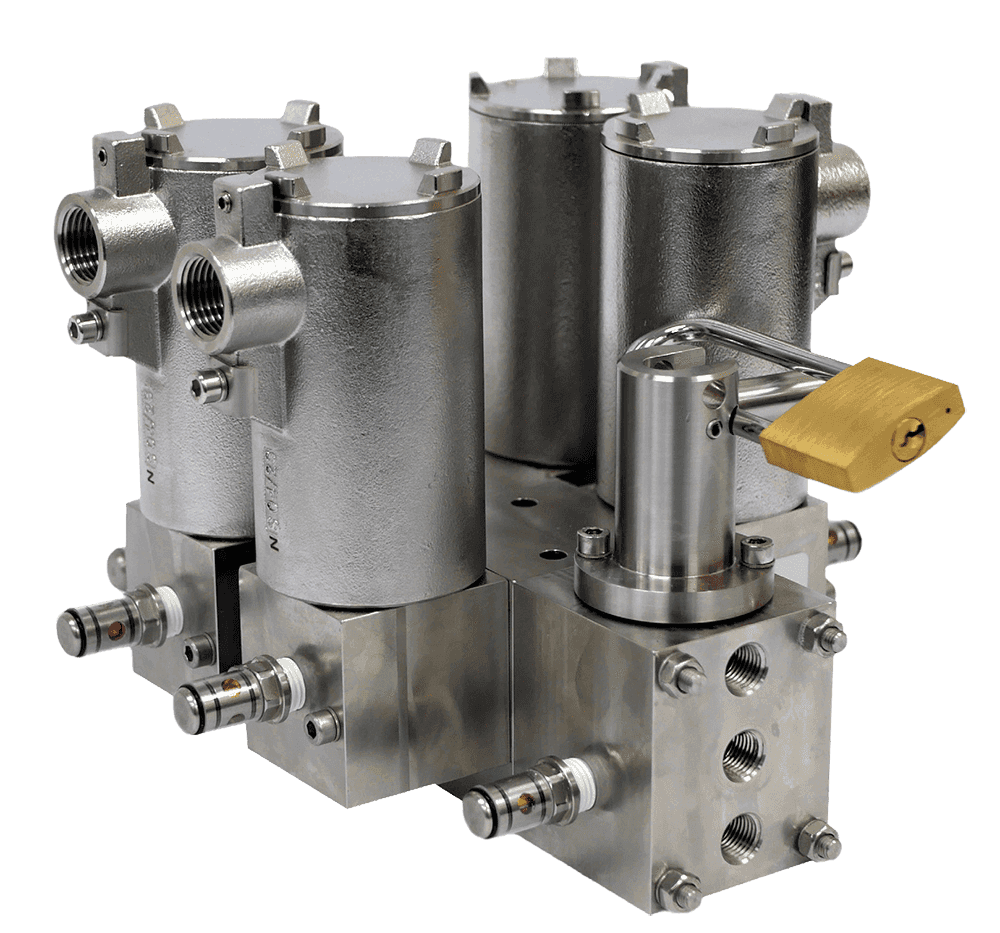 Maxseal Redundant Valve Manifold with brass lever and cylindrical connectors for safety-critical systems.