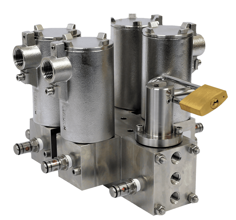 Maxseal Redundant Valve Manifold with brass lever and cylindrical connectors for safety-critical systems.