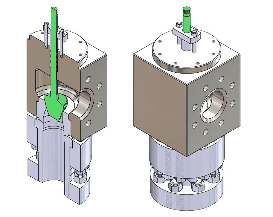 Industrial valve assembly with actuator mounted on pipeline in a manufacturing setting.
