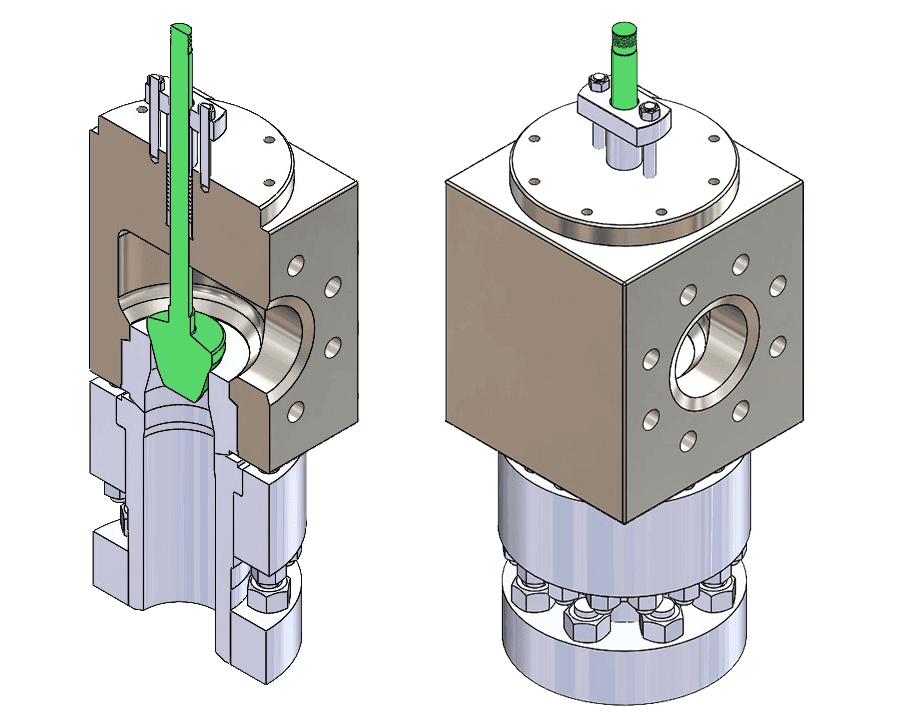 Industrial valve assembly with actuator mounted on pipeline in a manufacturing setting.