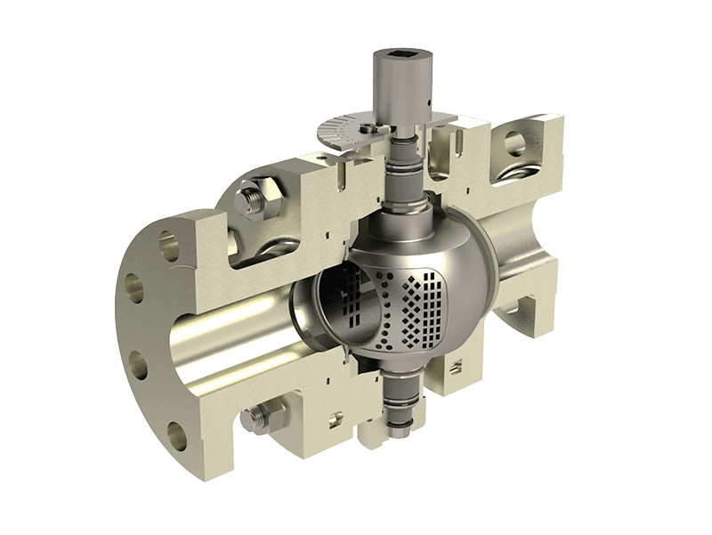 3D model of IMI ACV valve with perforated sphere and complex internal flow path for noise reduction.