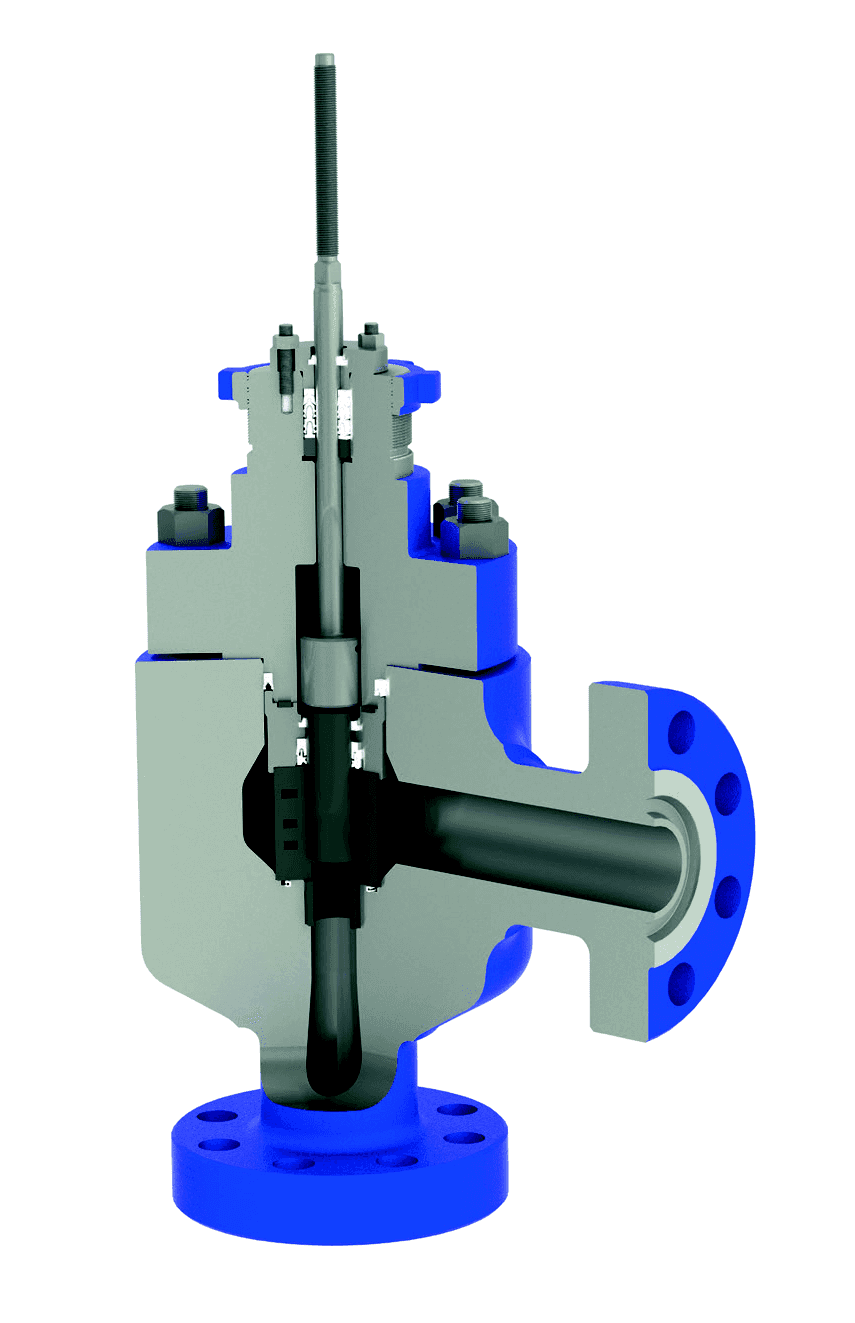 Cutaway of IMI 100DPC-S DRAG® wellhead choke valve with blue flanges.