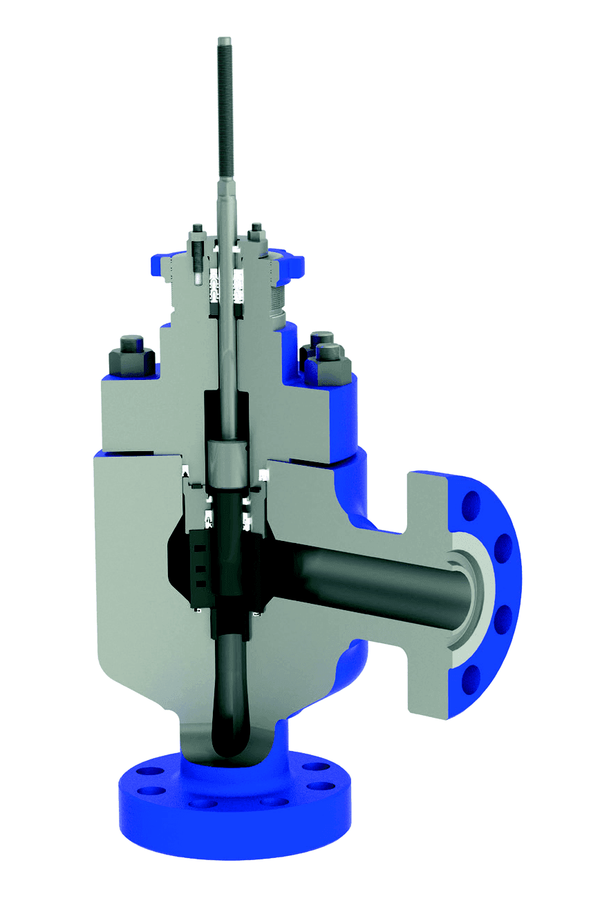 Cutaway of IMI 100DPC-S DRAG® wellhead choke valve with blue flanges.
