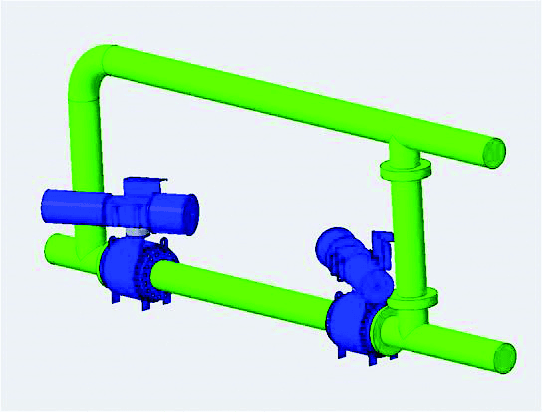 3D model of IMI piping system with angled pneumatic cylinders for safe walkway clearance.