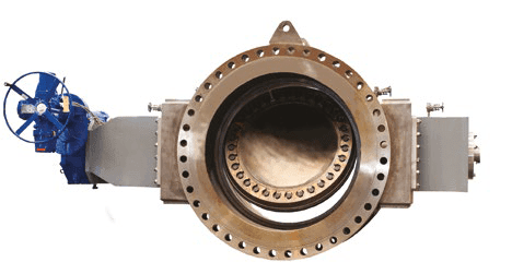 86-inch triple eccentric butterfly valve with blue handwheel actuator and large circular body.