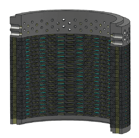 Hybrid cage design for LNG service with disk stacks and anti-hydrate cage featuring counter-bored holes.