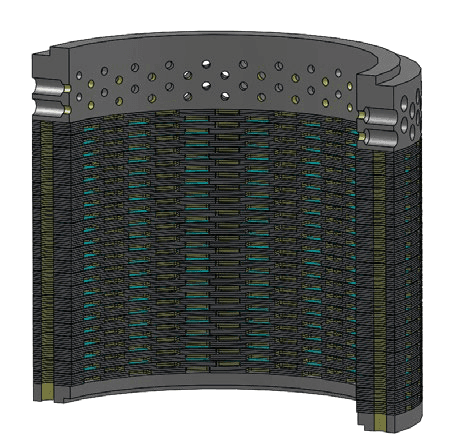 Hybrid cage design for LNG service with disk stacks and anti-hydrate cage featuring counter-bored holes.