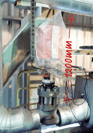 Pump recirculation valve connected to large pipes at a paper mill, with a 1200mm vertical clearance marked.