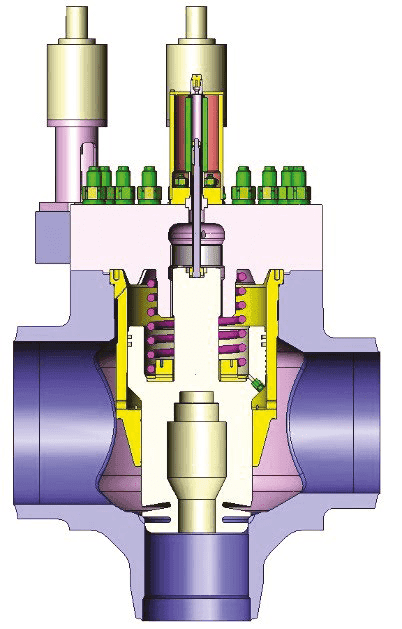 Cross-sectional view of system medium actuated valve type SE showing actuator, stem, and internal components.