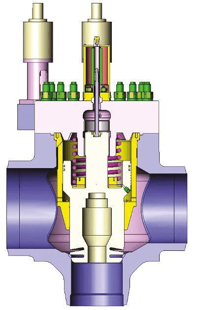 Cross-sectional view of system medium actuated valve type SE showing actuator, stem, and internal components.