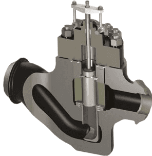 3D rendering of a pump recycle valve used in industrial fluid processing systems.