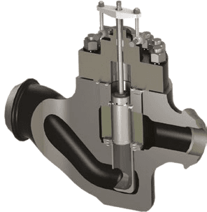 3D rendering of a pump recycle valve used in industrial fluid processing systems.