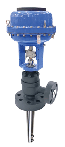 IMI DA-90DSV control valve with blue pneumatic actuator and flanged grey valve body.