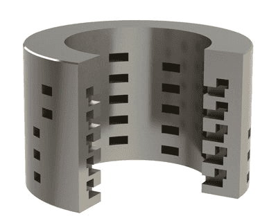 Tungsten carbide DRAG® trim with staggered rectangular slots for industrial flow control.