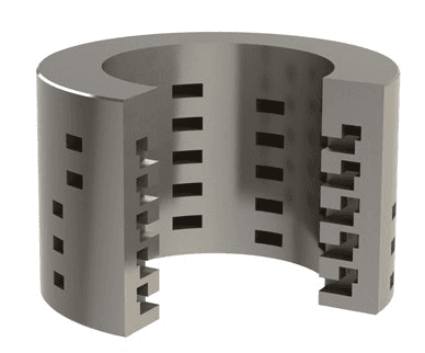 Tungsten carbide DRAG® trim with staggered rectangular slots for industrial flow control.