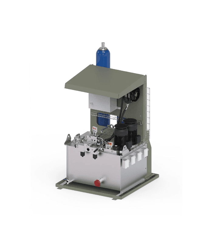 IMI CCI Hydraulic Power Unit with reservoir, motor, and blue cylindrical component on metal base.