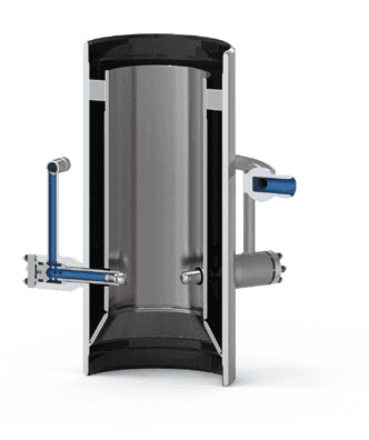Cross-sectional view of DAM Desuperheater with internal chamber and external pipe fittings.