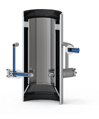 Cross-sectional view of DAM Desuperheater with internal chamber and external pipe fittings.