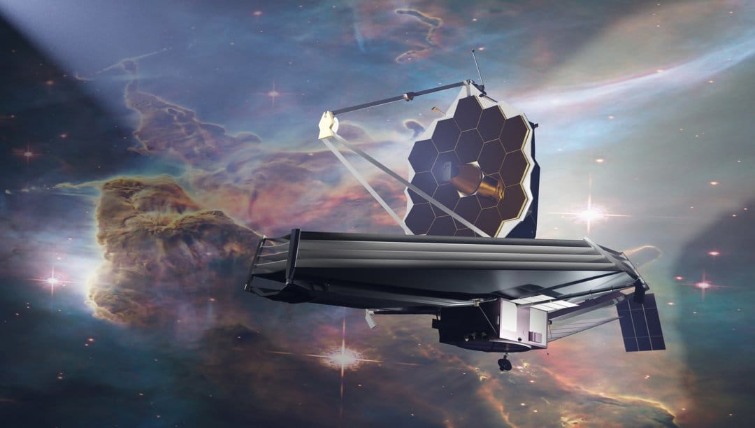 3D rendering of James Webb Space Telescope in space with segmented mirror and sunshield
