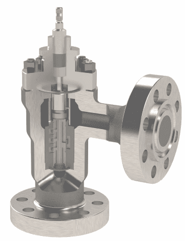Detailed view of EroSolve MMT valve with visible internal components and flanged cylindrical body.