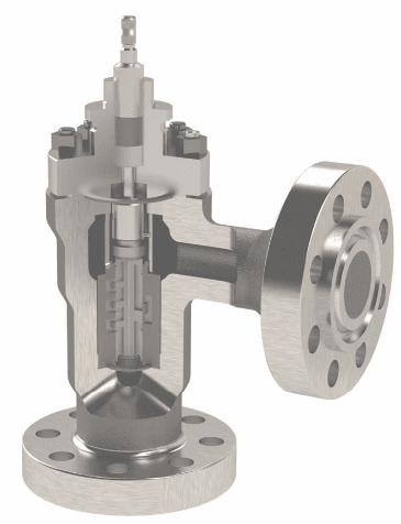 Detailed view of EroSolve MMT valve with visible internal components and flanged cylindrical body.