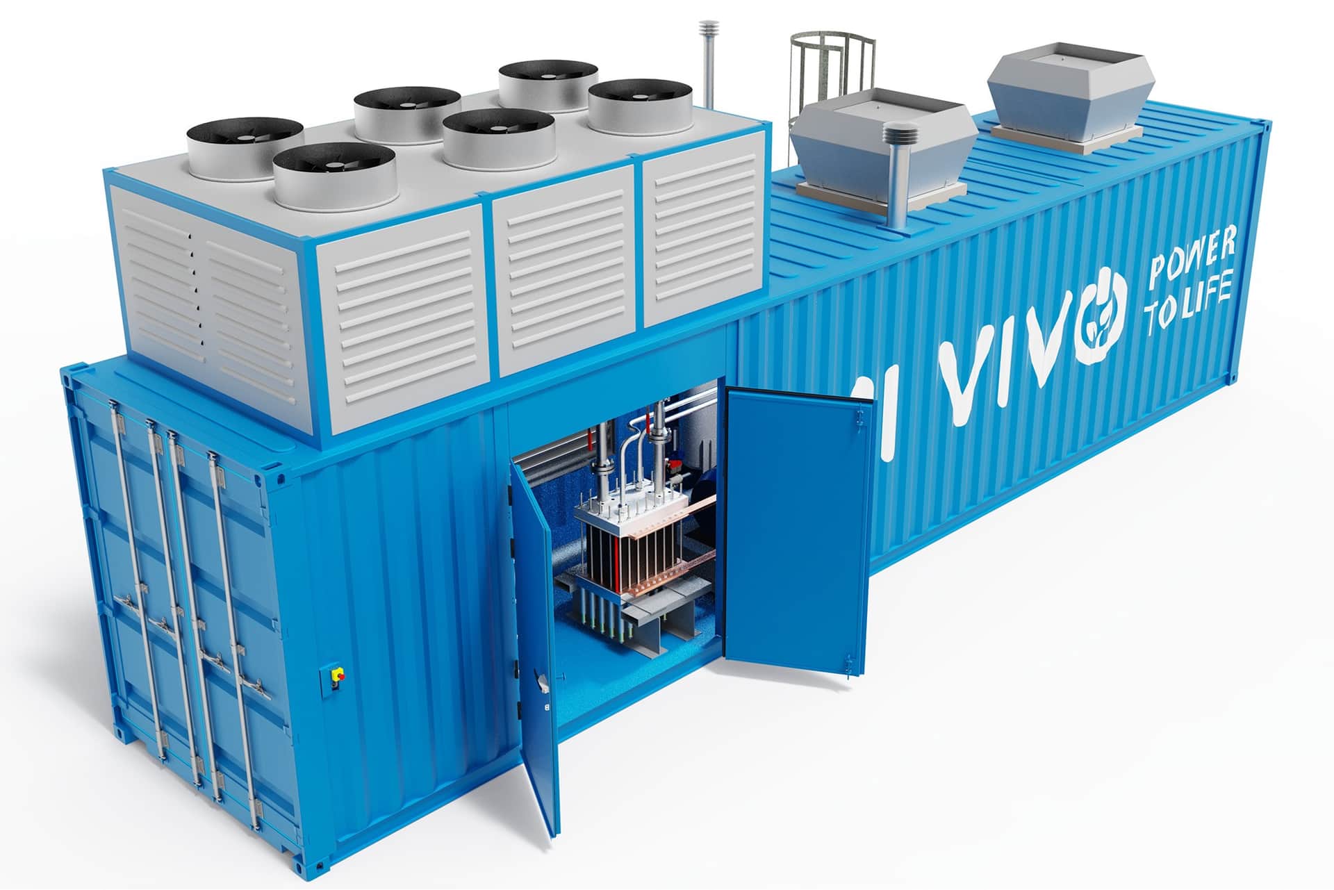Blue container unit labelled "VIVO POWER TO LIFE" with open door revealing hydrogen system components.