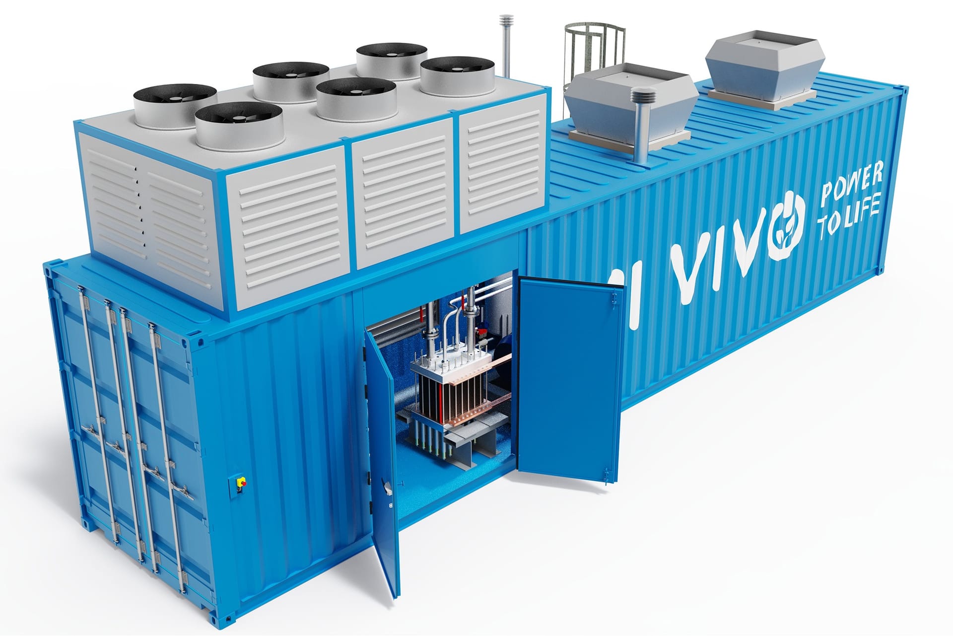 Blue container unit labelled "VIVO POWER TO LIFE" with open door revealing hydrogen system components.